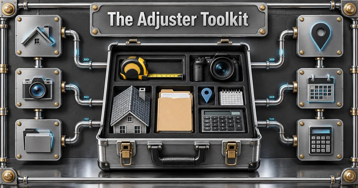 An adjuster field toolkit with measuring tape, camera, roof model, claim folder, map pin, calendar, and calculator