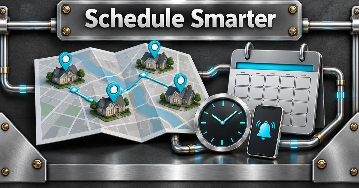 Property inspection stops grouped on a route map beside a calendar, clock, and phone reminder